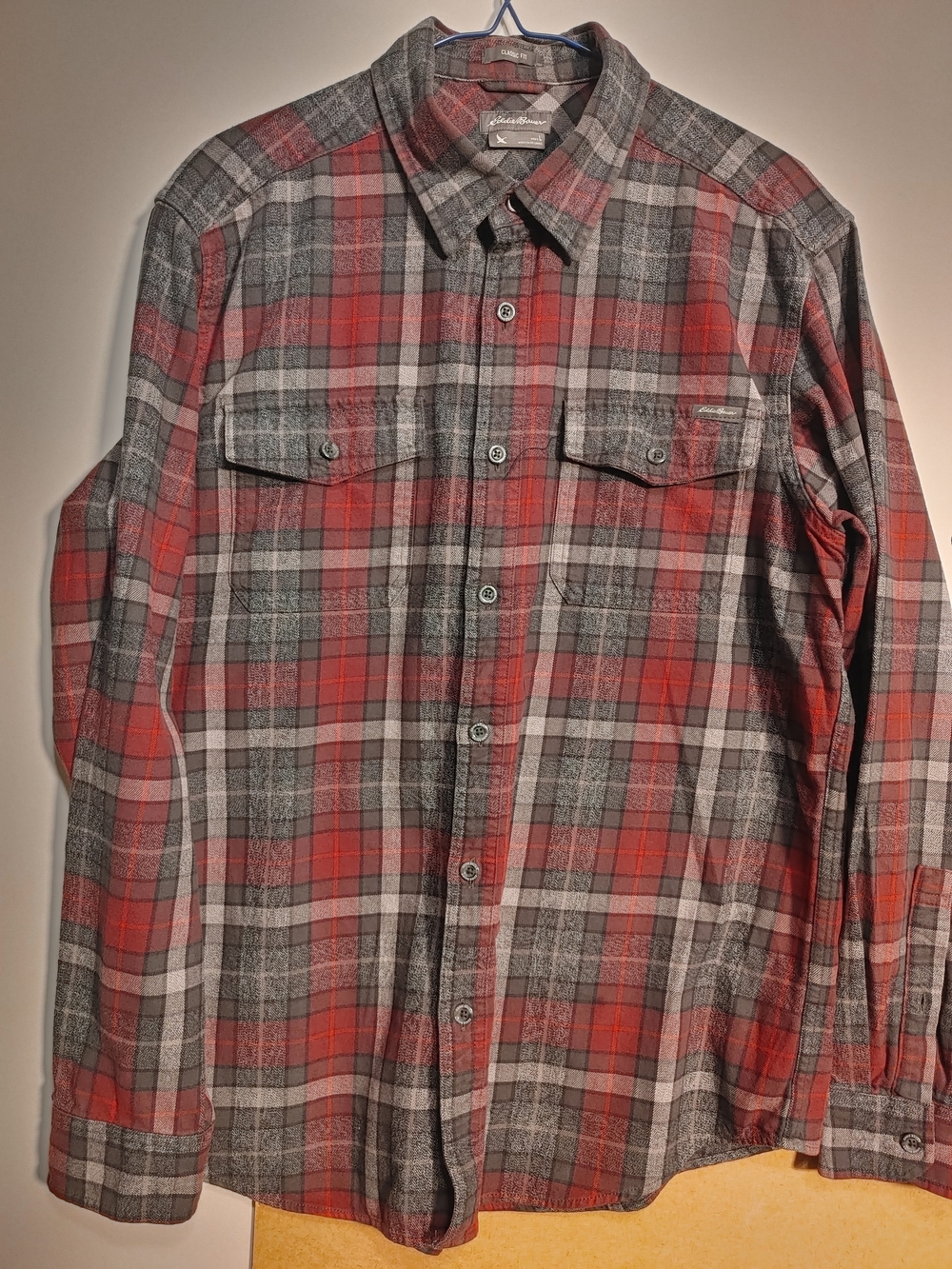 Eddie Bauer Red and Gray Plaid Long-Sleeve Button-Up Shirt